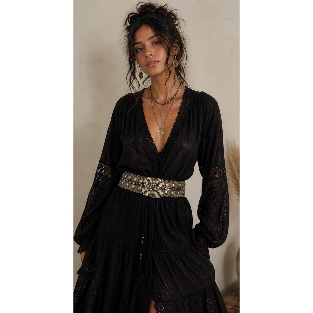 Free People Beaded Wide Waist Belt Boho Medallion Silver Gold